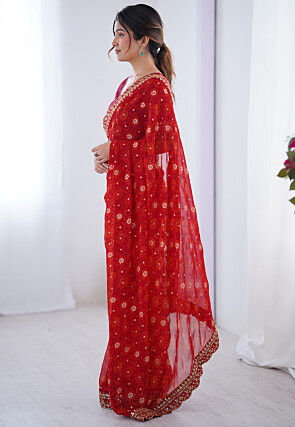 Shibhori Printed Georgette Scalloped Saree in Red