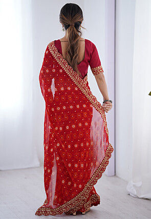 Shibhori Printed Georgette Scalloped Saree in Red