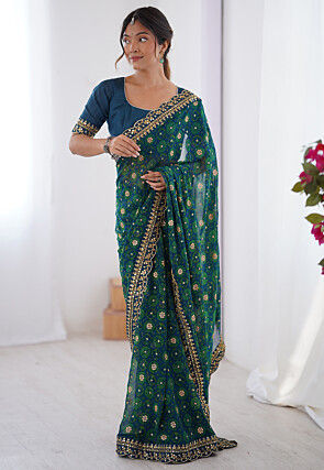 Shibhori Printed Georgette Scalloped Saree in Teal Blue