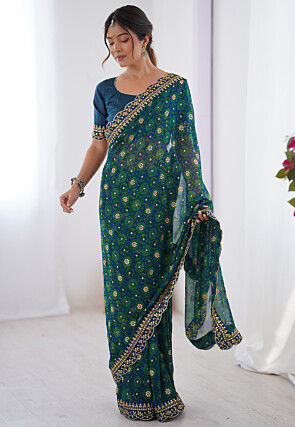 Shibhori Printed Georgette Scalloped Saree in Teal Blue