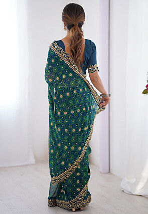 Shibhori Printed Georgette Scalloped Saree in Teal Blue