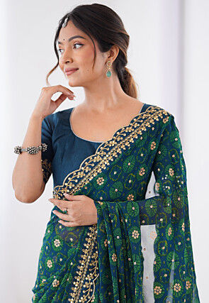 Shibhori Printed Georgette Scalloped Saree in Teal Blue