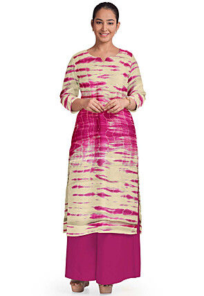 Shibhori Pure Georgette Straight Kurta Set in Beige and Fuchsia