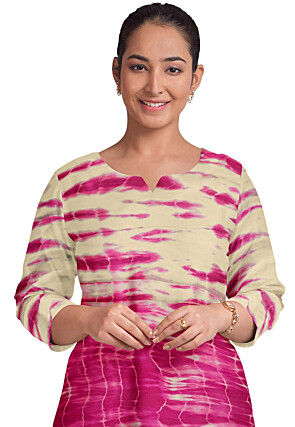 Shibhori Pure Georgette Straight Kurta Set in Beige and Fuchsia