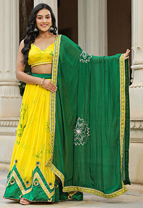 Shibori Printed Chinon Chiffon Lehenga in Yellow