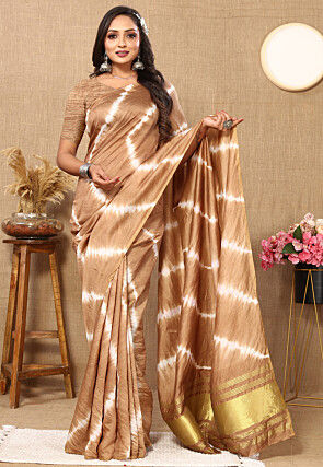 Shibori Printed Cotton Saree in Beige