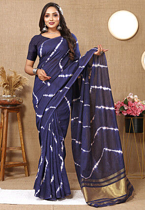 Shibori Printed Cotton Saree in Navy Blue