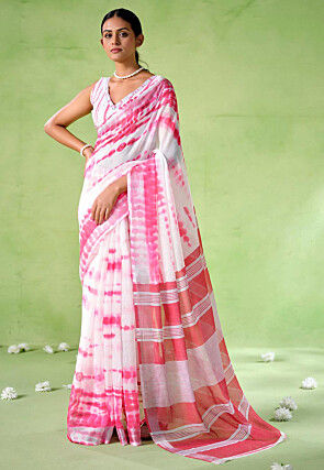 Shibori Printed Cotton Saree in Off White