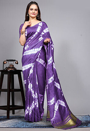 Shibori Printed Cotton Saree in Purple