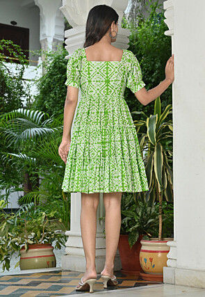 Shibori Printed Cotton Tiered Dress in Light Green