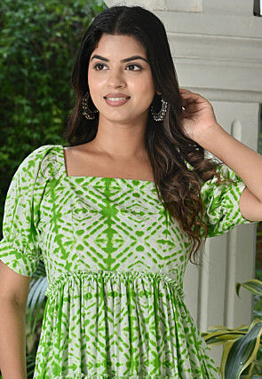 Shibori Printed Cotton Tiered Dress in Light Green