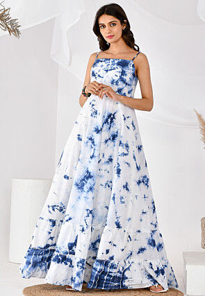 Shibori Printed Cotton Tiered Dress in White and Blue