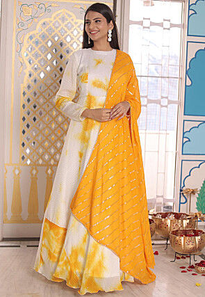 Shibori Printed Georgette Abaya Style Suit in Off white and Mustard