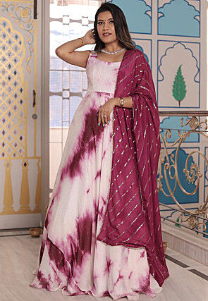 Shibori Printed Georgette Abaya Style Suit in Off white and Wine