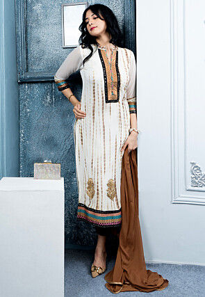 Shibori Printed Georgette Pakistani Suit in Off White