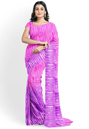 Shibori Printed Georgette Saree in Pink and Purple