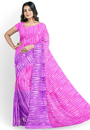 Shibori Printed Georgette Saree in Pink and Purple