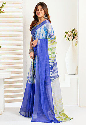 Pre-stitched Linen Saree in White and Blue