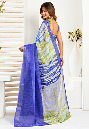 Pre-stitched Linen Saree in White and Blue