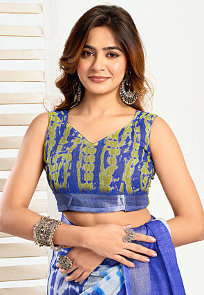 Pre-stitched Linen Saree in White and Blue