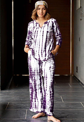 Shibori Printed Pure Cotton Co Ord Set in White and Dark Purple