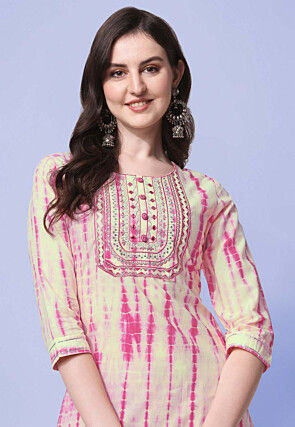 Shibori Printed Pure Cotton Pakistani Suit in Cream and Pink