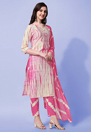 Shibori Printed Pure Cotton Pakistani Suit in Cream and Pink