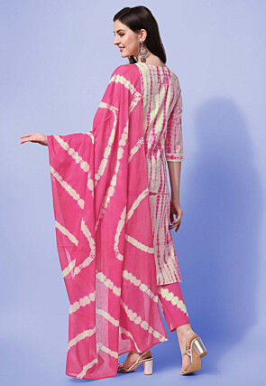 Shibori Printed Pure Cotton Pakistani Suit in Cream and Pink