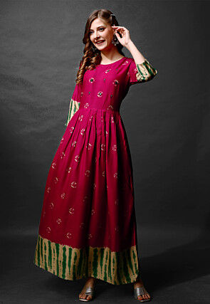 Shibori Printed Rayon Long Kurta in Fuchsia
