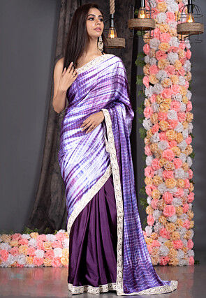 Shibori Printed Satin Saree in Light Purple and Violet
