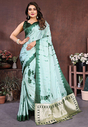 Shibori Printed Satin Saree in Light Sea Green