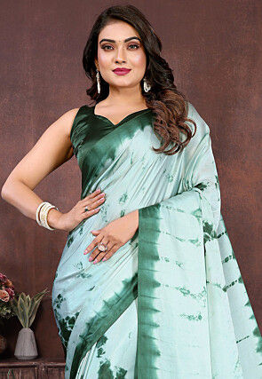 Shibori Printed Satin Saree in Light Sea Green