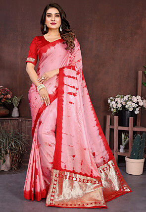 Shibori Printed Satin Saree in Pink