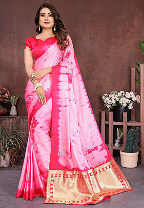 Shibori Printed Satin Saree in Pink