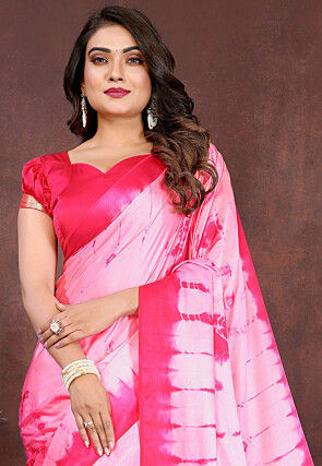 Shibori Printed Satin Saree in Pink