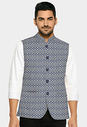 Silk Banarasi Brocade Nehru Jacket in Beige And Blue