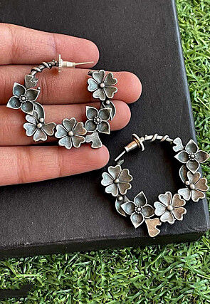 Silver Look Alike Oxidised Hoop Earrings