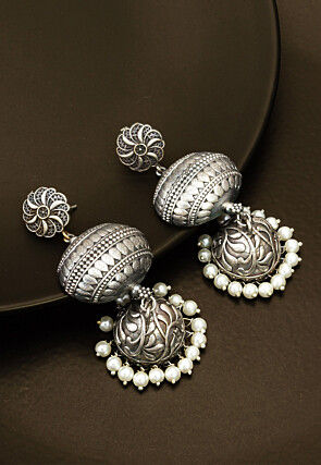 Silver Look Alike Oxidised Jhumka Style Earrings