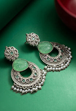 Silver Look Alike Oxidised Stone Studded Chandbali Earrings