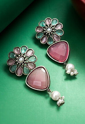 Silver Look Alike Oxidised Stone Studded Earrings