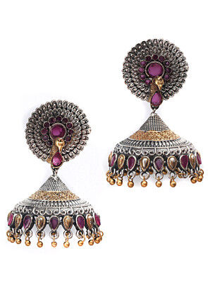 Silver Look Alike Stone Studded Jhumka Style Earrings
