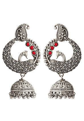 Silver Look Alike Stone Studded Peacock Style Jhumka Earrings