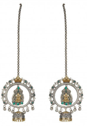 Silver Look Alike Stone Studded Temple Jhumka Style Earrings with Ear Chain