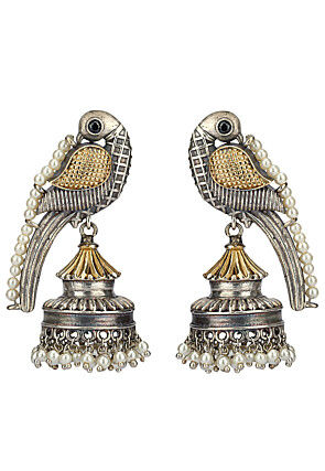 Silver Look Alike Stones Studded Jhumka Style Earrings