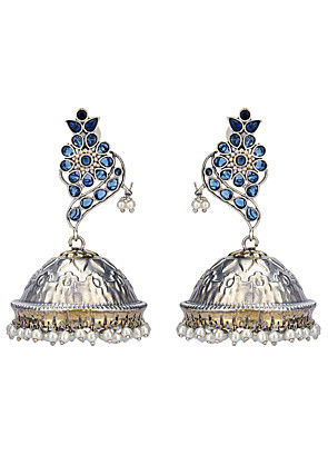 Silver Look Alike Stones Studded Jhumka Style Earrings