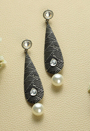 Silver Plated Oxidised Stone Studded Earrings
