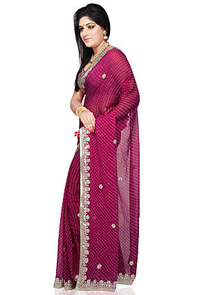 Embroidered Georgette Saree in Fuchsia