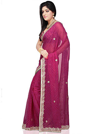Embroidered Georgette Saree in Fuchsia
