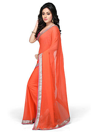 Patch Border Georgette Saree in Orange 