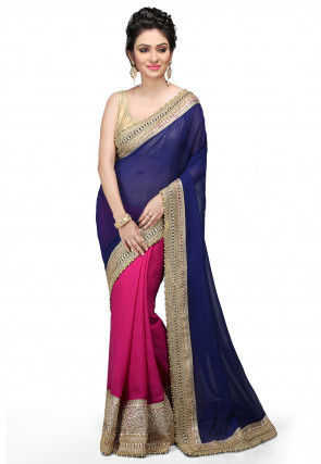 Embroidered Half N Half Georgette Saree in Navy Blue and Fuchsia